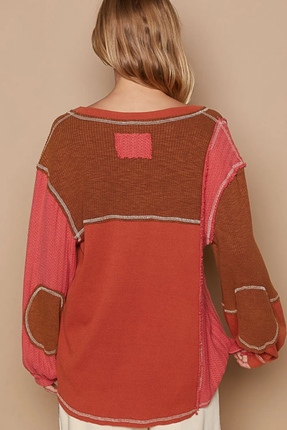 V-Neck Knit Panel Exposed Seam Top, image 2