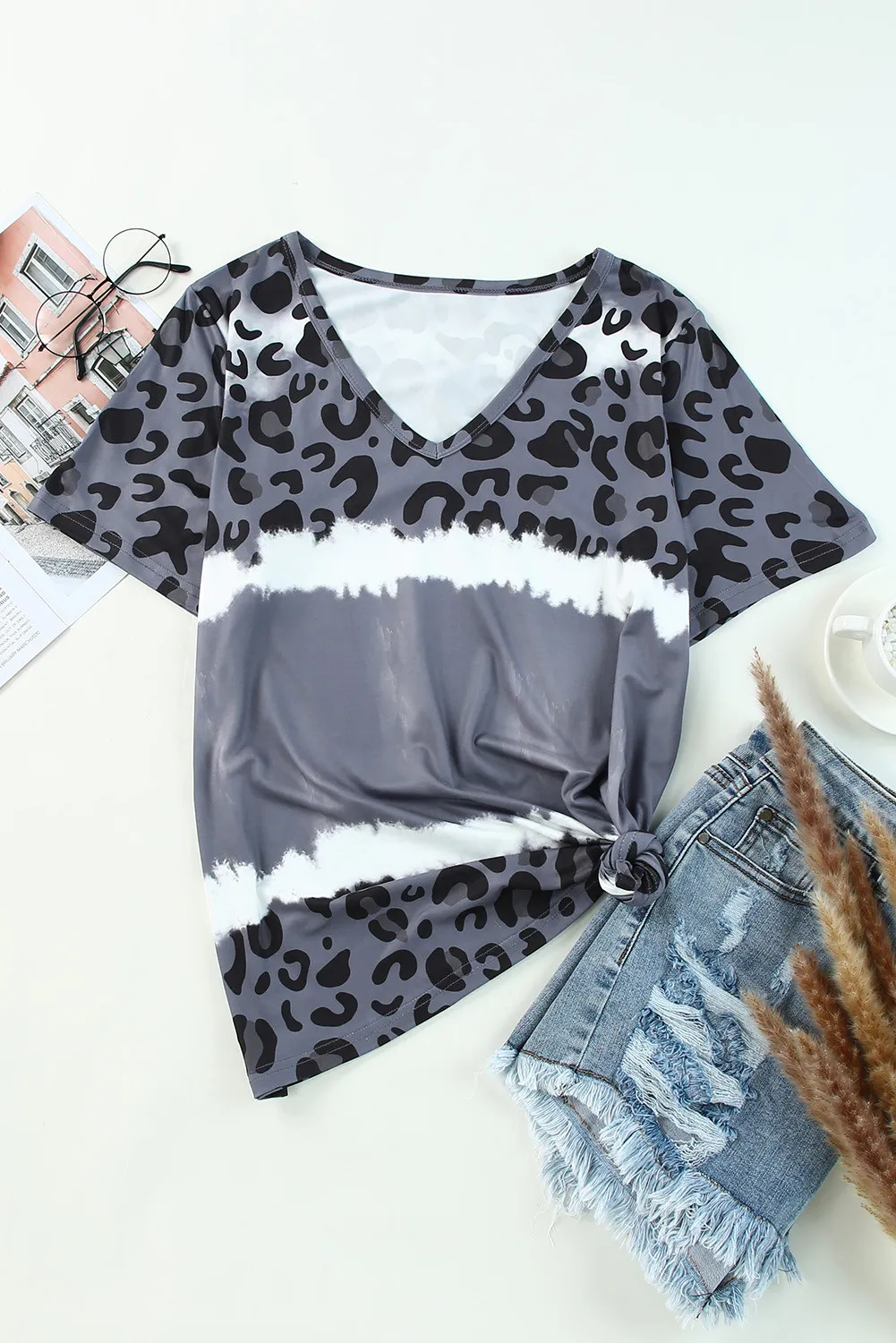 Leopard V-Neck Short Sleeve T-Shirt, image 2