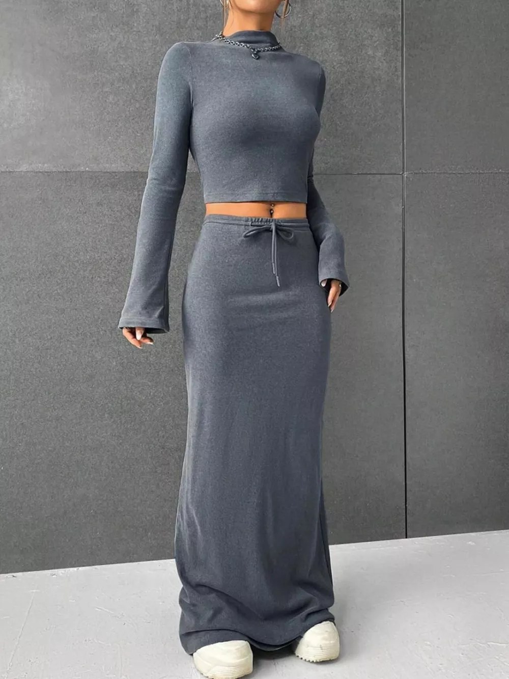 Long Sleeve Top & Drawstring Maxi Skirt Set, image 4