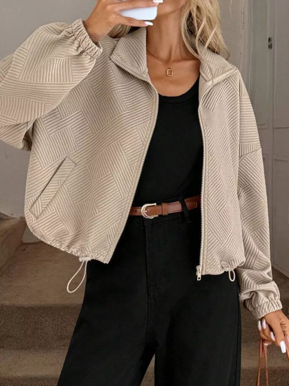 Textured Zip-Up Drawstring Hem Jacket, image 5