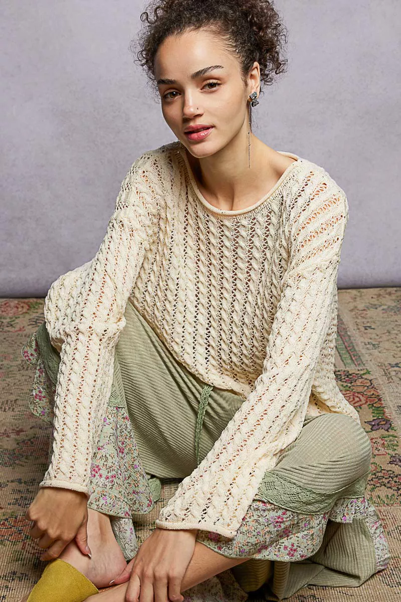 Openwork Round Neck Knit Top with Shiny Detail, image 2