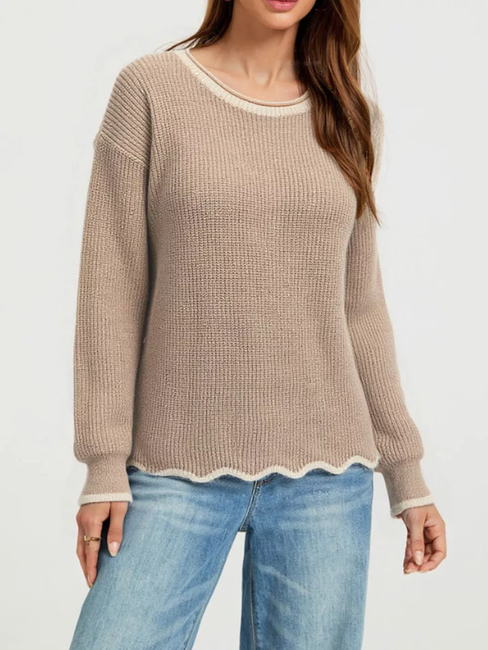 Contrast Trim Scalloped Hem Ribbed Knit Sweater, image 8