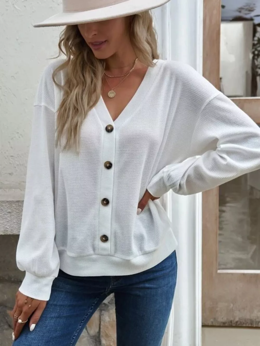Casual V-Neck Waffle Long Sleeve Top, image 3