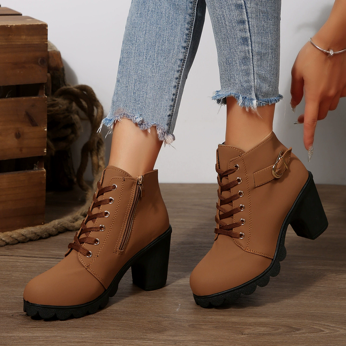 Lace Up Block Heels Boots, image 2