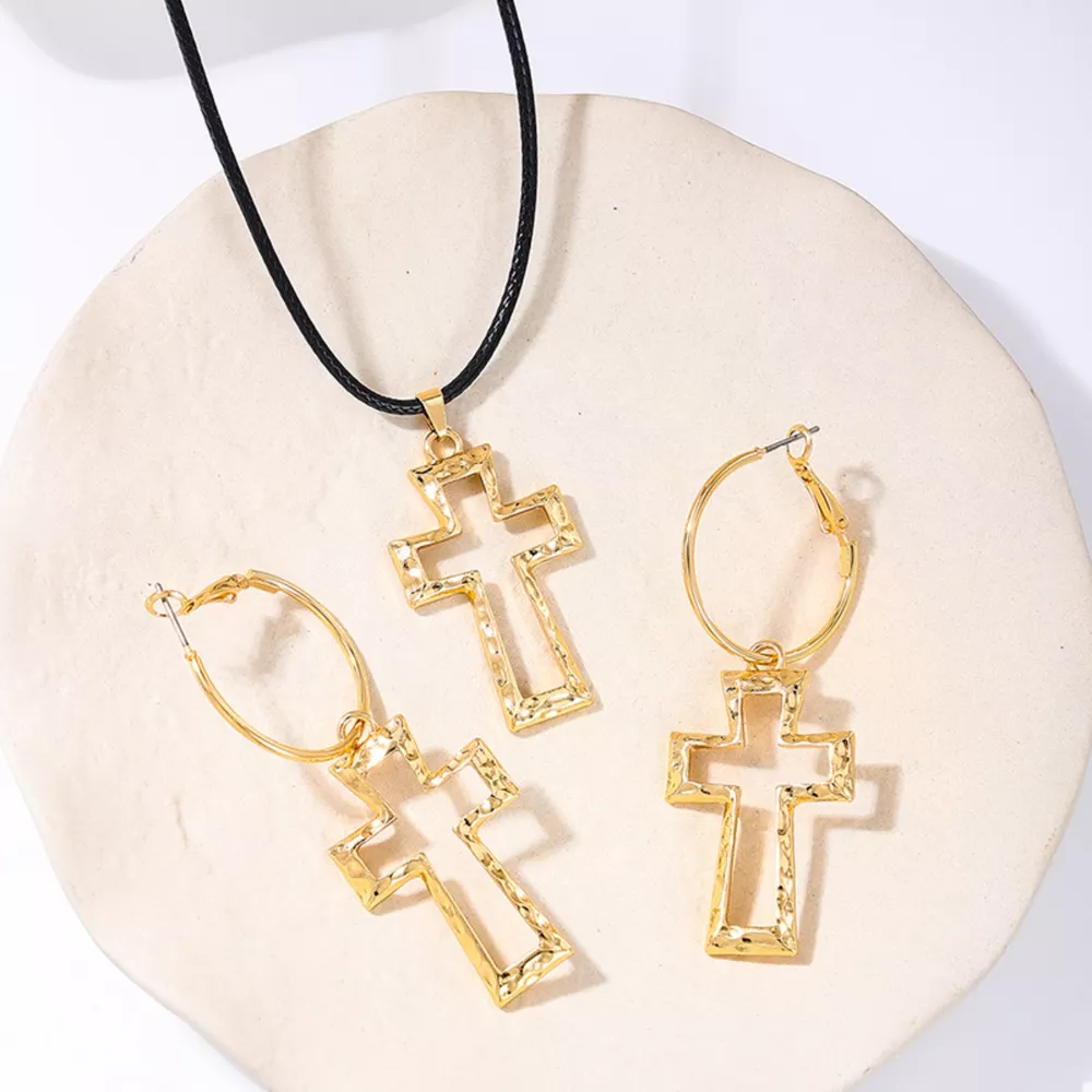 Cross Pendant Necklace & Hoop Earrings Jewelry Set