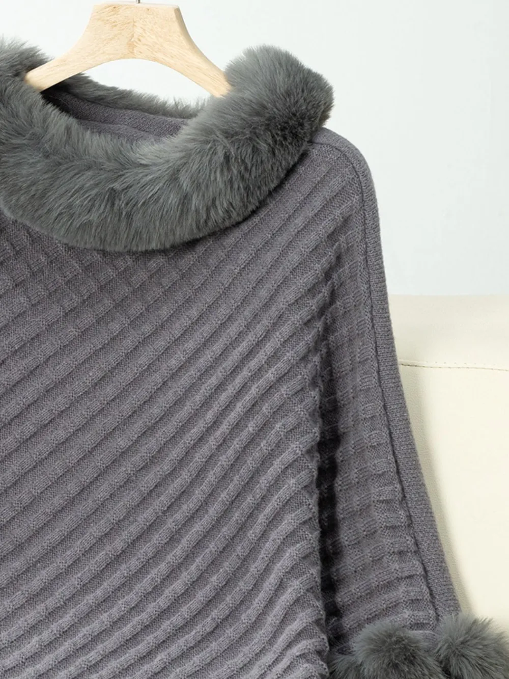 Fuzzy Trim Texture Three-Quarter Sleeve Poncho, image 12