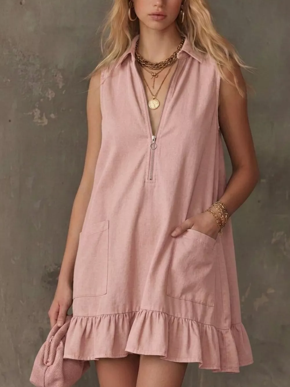 Sleeveless Collared Zip-Front Ruffle Hem Dress, image 7