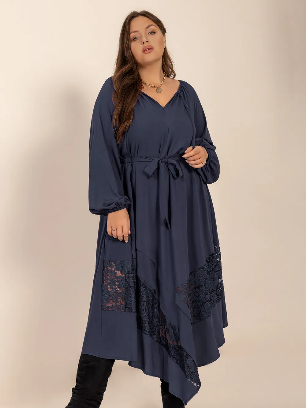 Plus Size Lace Detail Tie Neck Long Sleeve Midi Dress, image 2