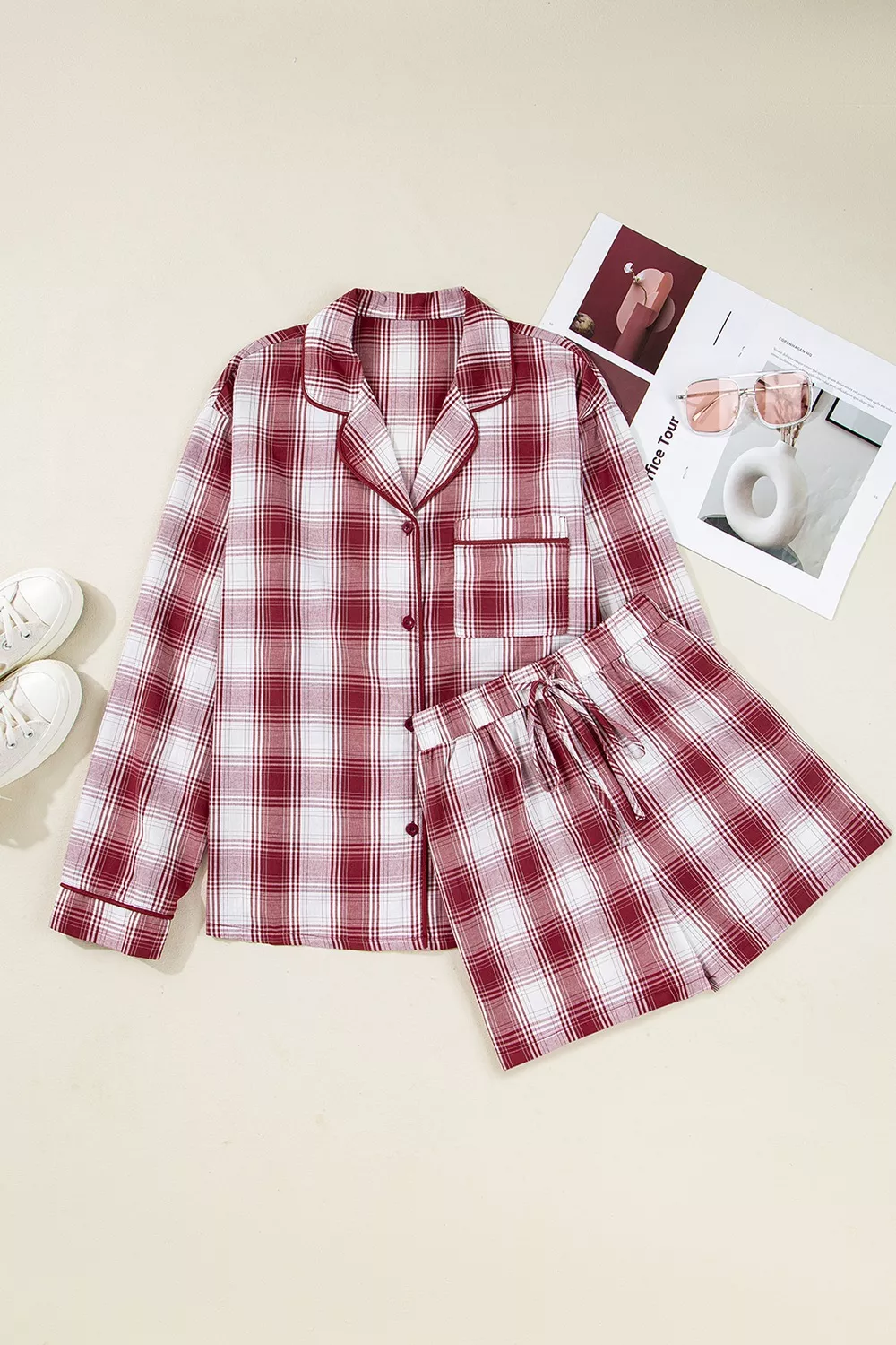 Plaid Long Sleeve Shirt and Drawstring Shorts Lounge Set, image 6