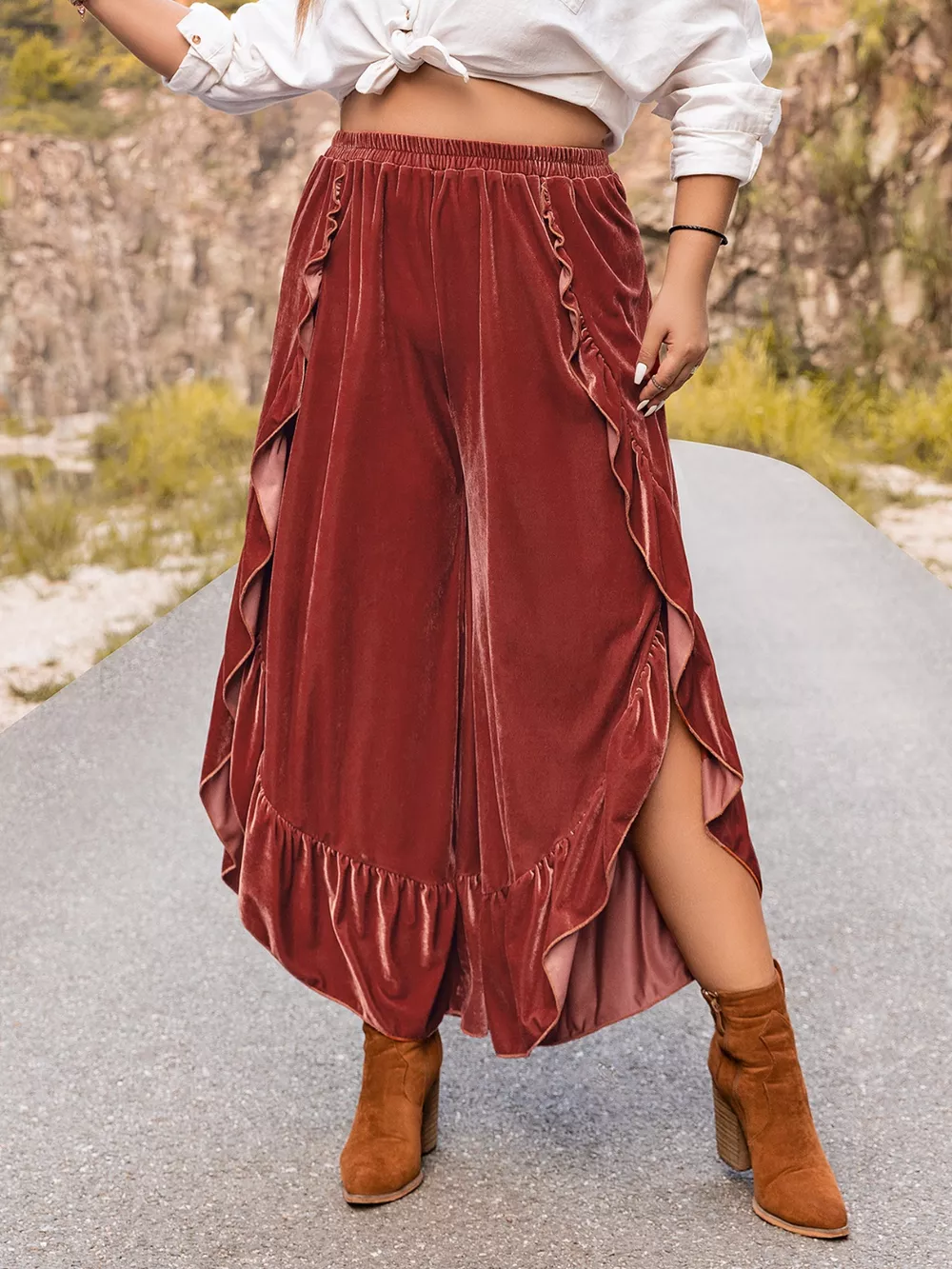Plus Size Velvet Ruffle Hem Wide Leg Pants, image 3