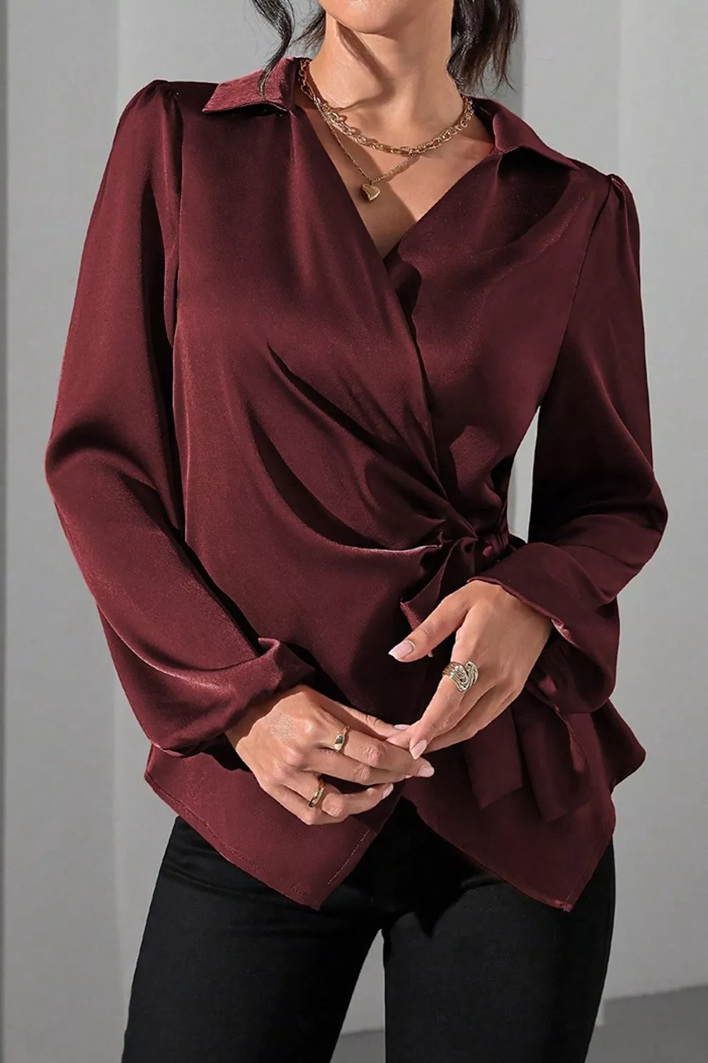Satin Tied Detail Long Sleeve Blouse, image 11