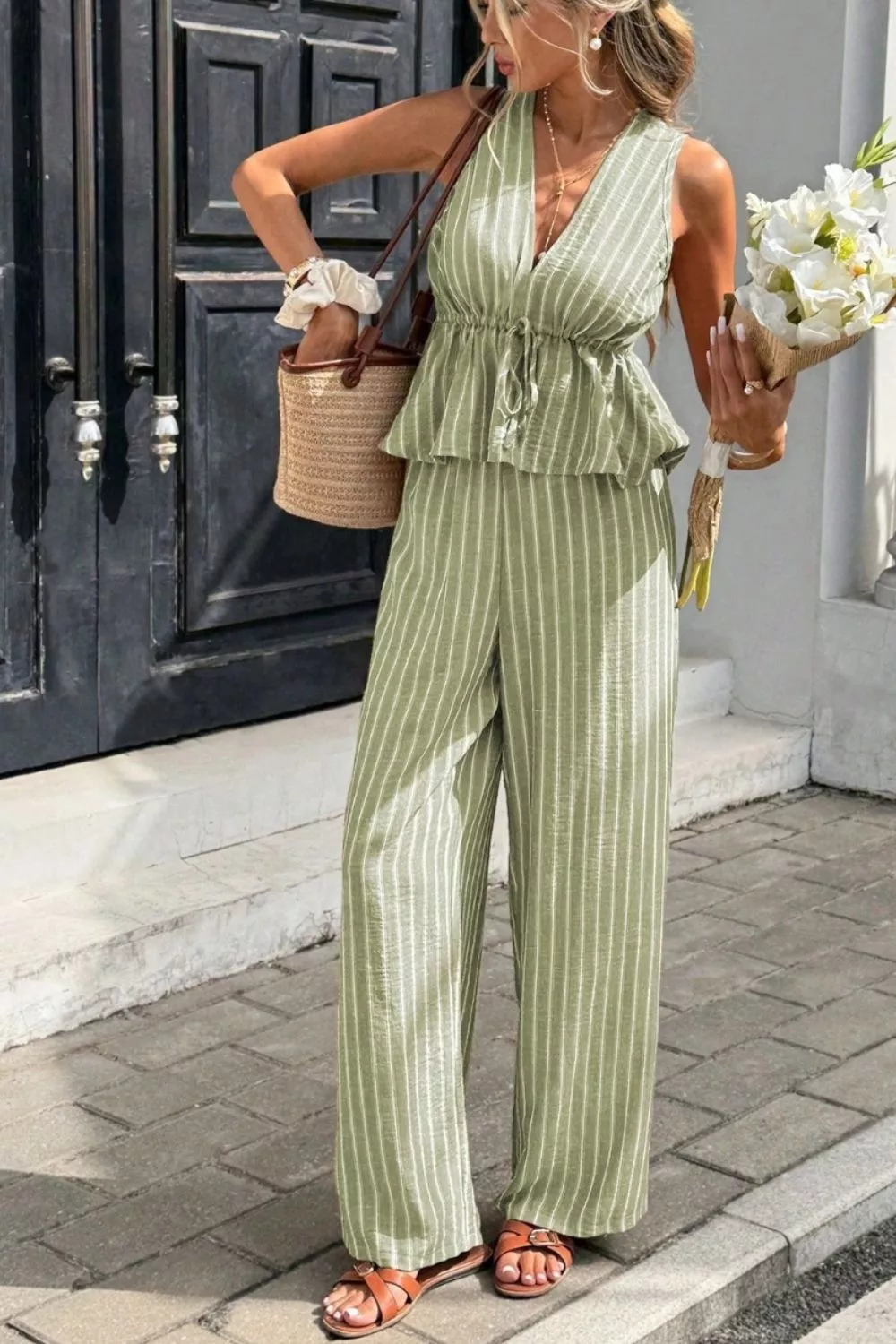 Striped Sleeveless Top and Wide Leg Pants Set, image 7