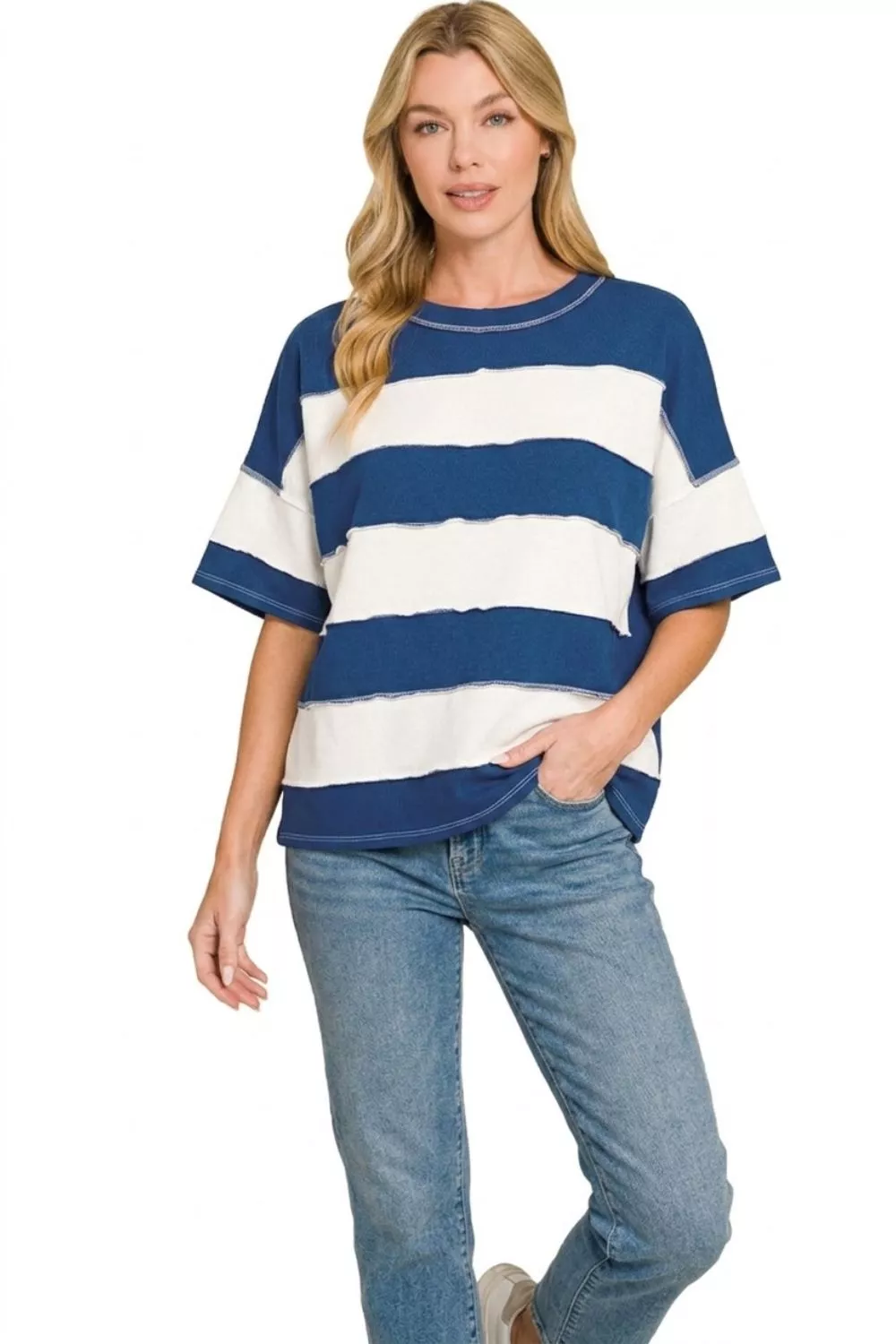 French Terry Striped Exposed Seam Top, image 3
