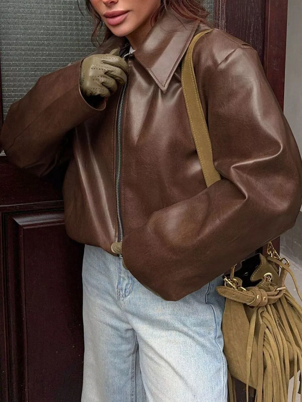 Faux Leather Zip Up Jacket, image 5