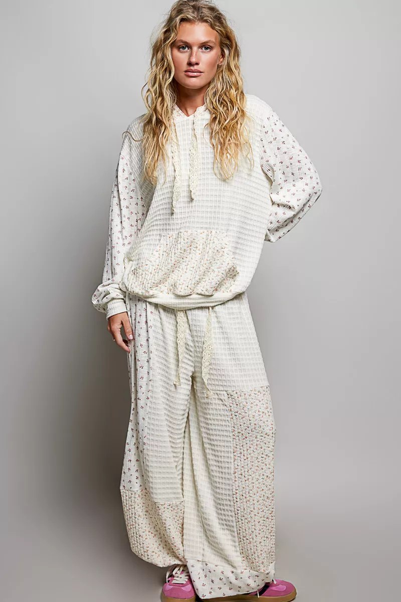 POL Mixed Knit Contrast Print Sleeve Hoodie with Kangaroo Pocket, image 5