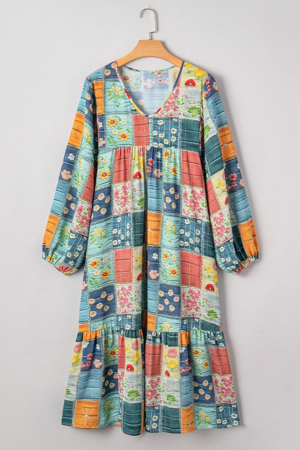 Floral Checkered V-Neck Dress, image 4