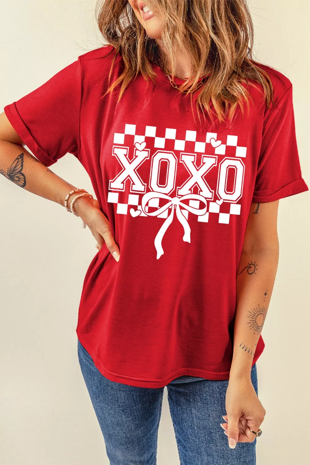 XOXO Checkered Ribbon Bow Print Valentines Day T Shirt