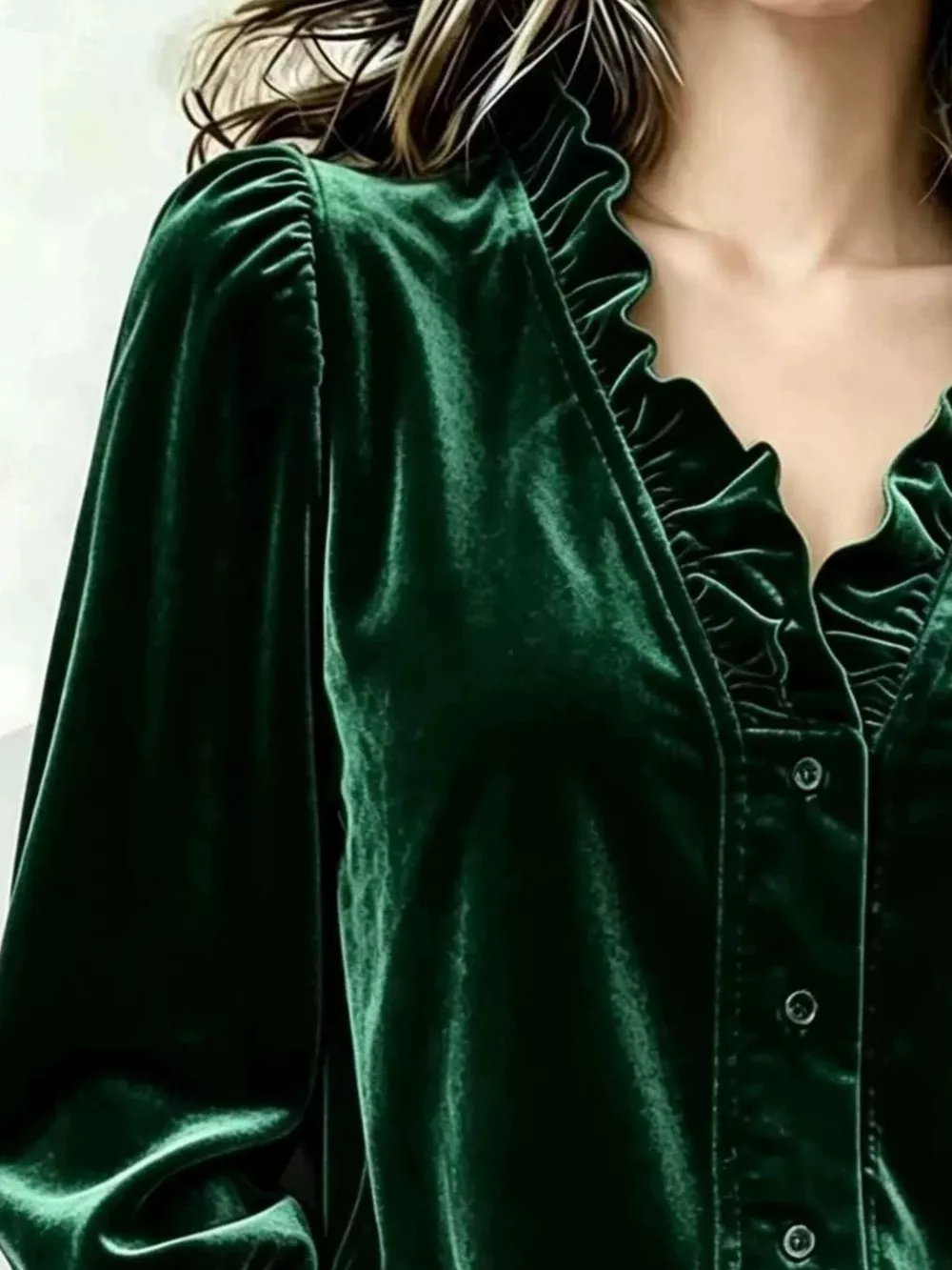 V-Neck Ruffled Velvet Button Down Blouse, image 6