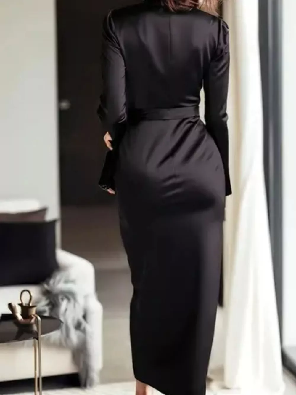 Satin Tie Waist Long Sleeve Dress, image 4