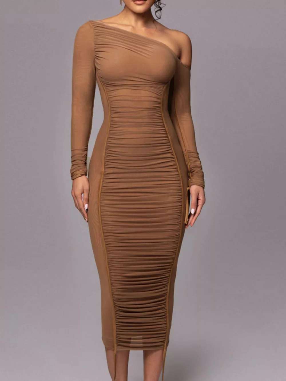 One-Shoulder Ruched Bodycon Midi Dress, image 6