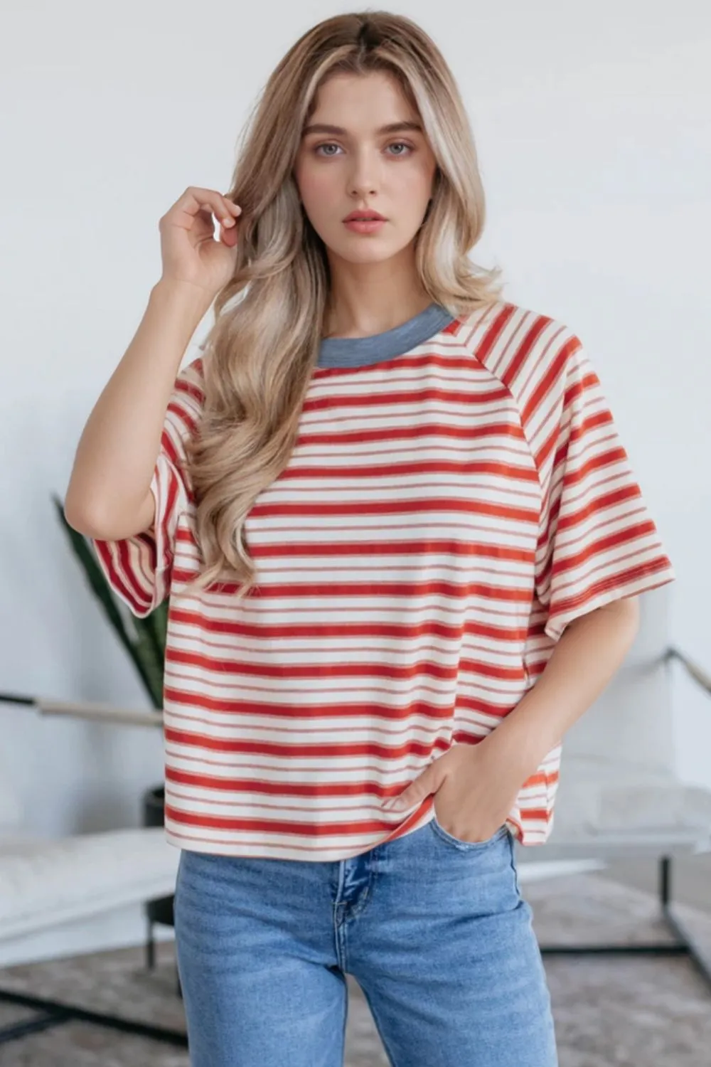 Stripe Print Contrast Collar Raglan Sleeve T Shirt, image 7