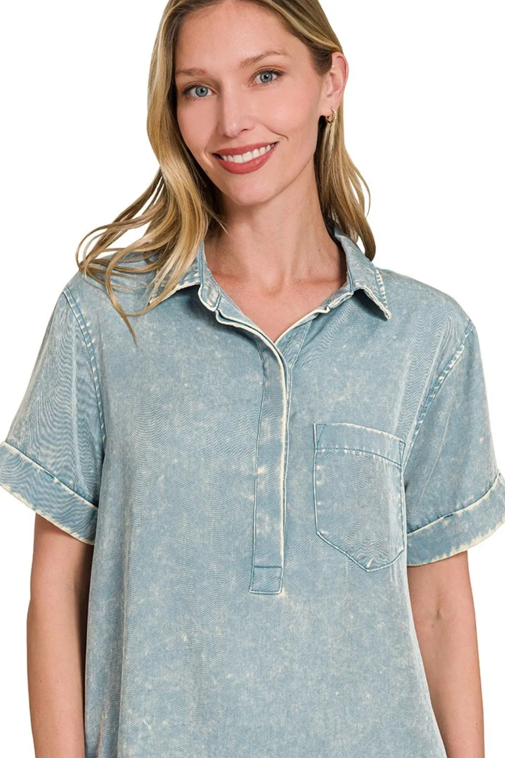 Tencel Mineral Washed Collared Shirts Dress, image 4