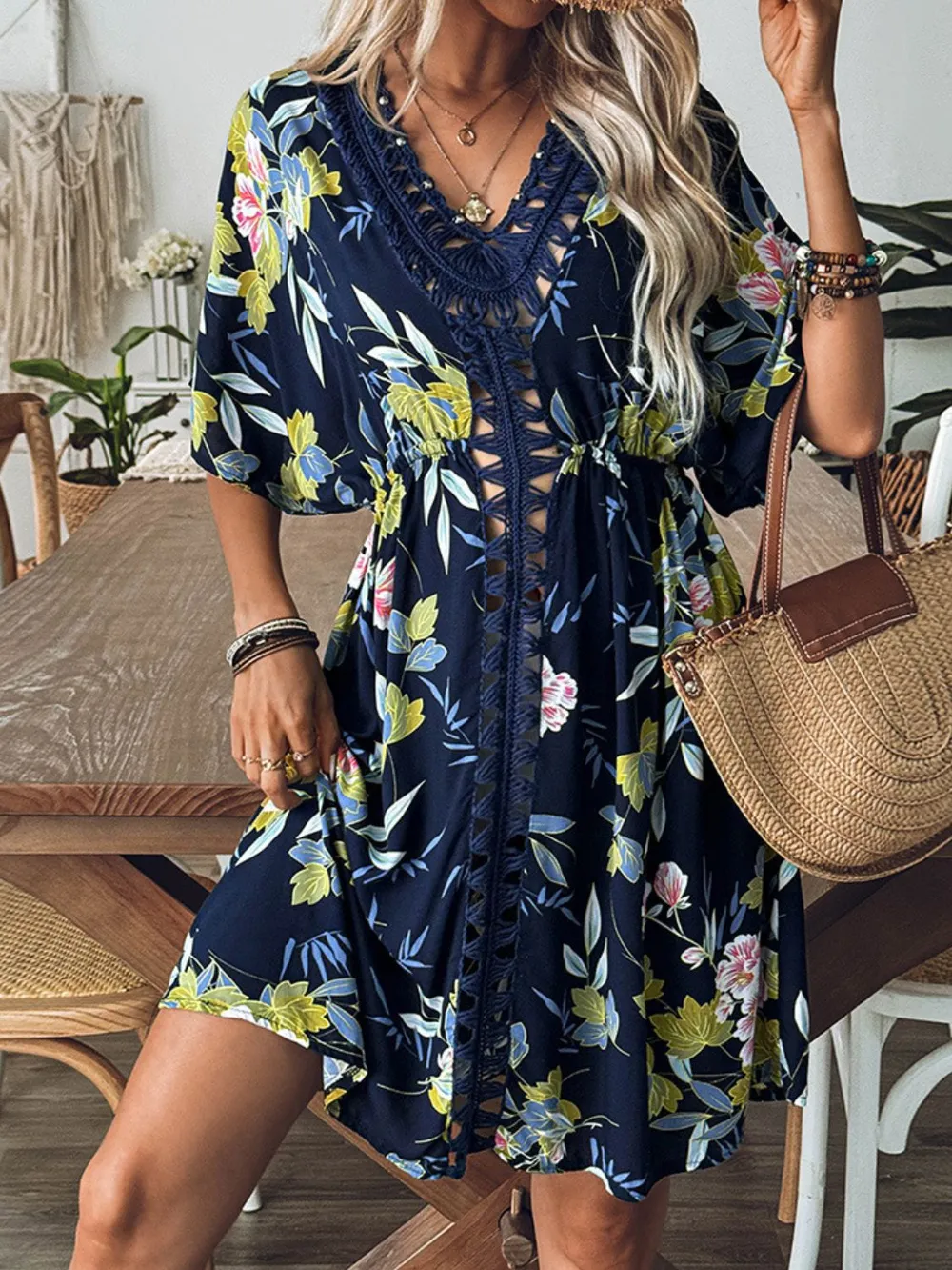 Crochet Front V-Neck Printed Cover-Up, image 5