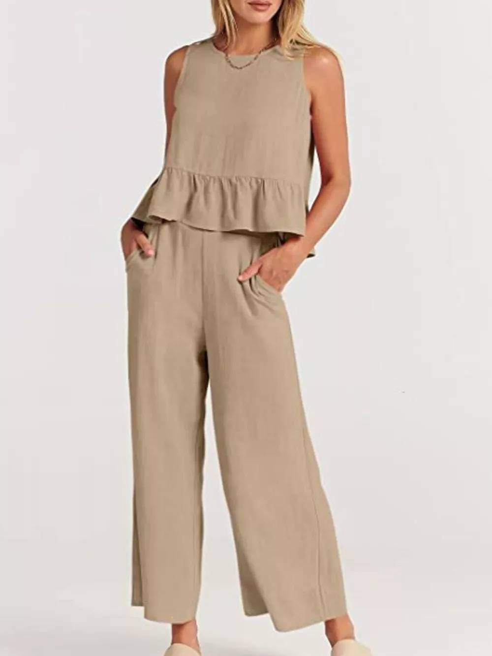 Full Size Ruffled Hem Sleeveless Top and Wide-Leg Pants Set Plus Size, image 20