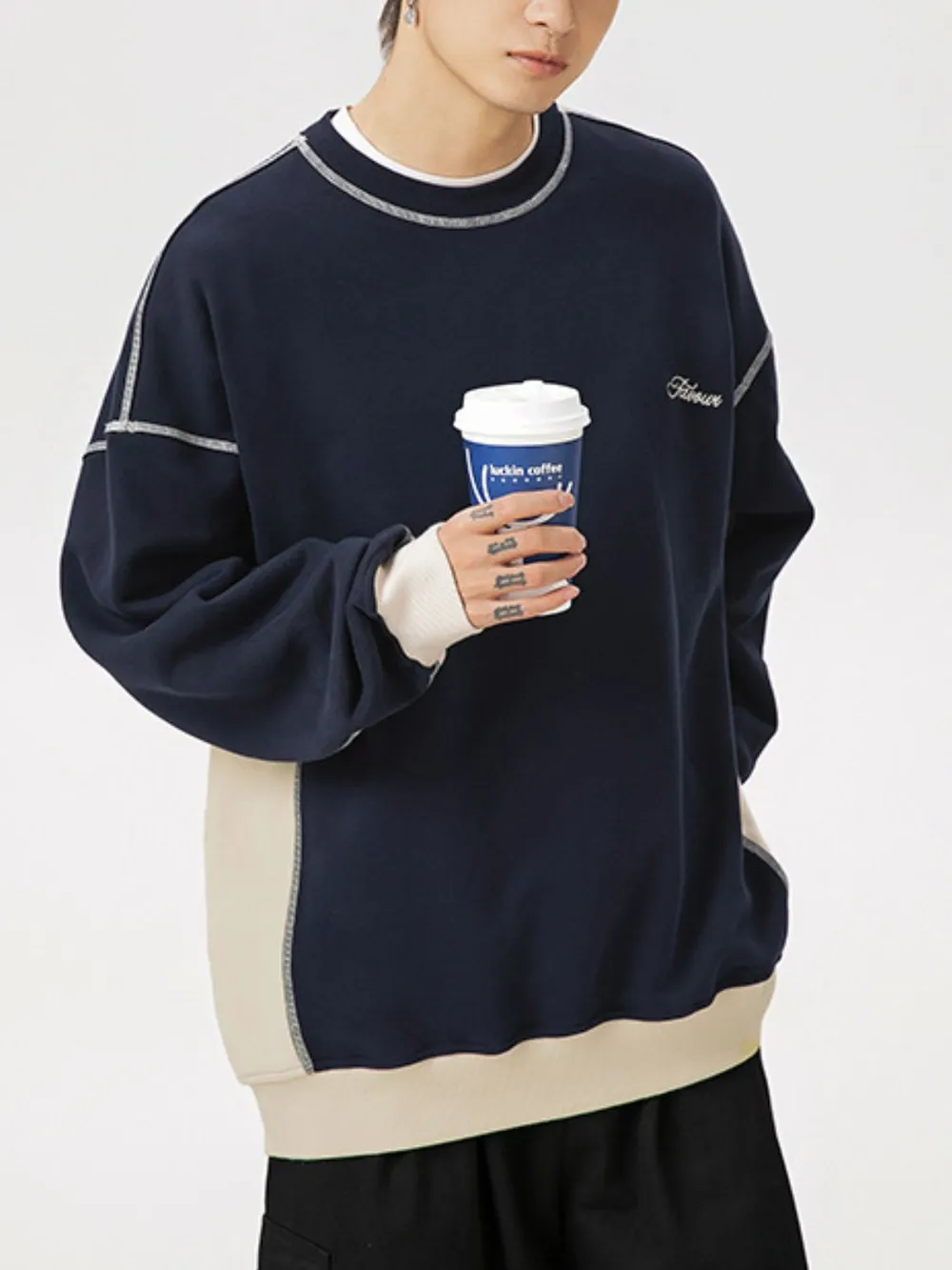Men's Contrast Round Neck Drop Shoulder Sweatshirt, image 3