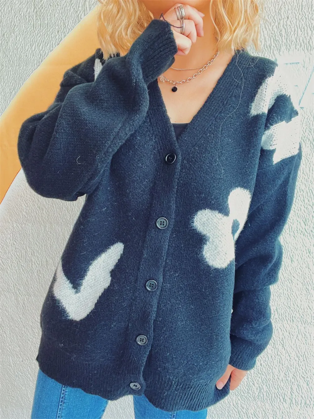 Flower Button Down V-Neck Long Sleeve Cardigan, image 8