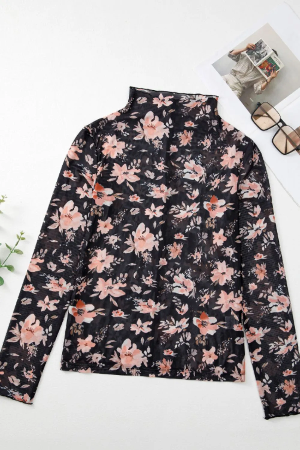 Floral Mock Neck Long Sleeve Blouse, image 6