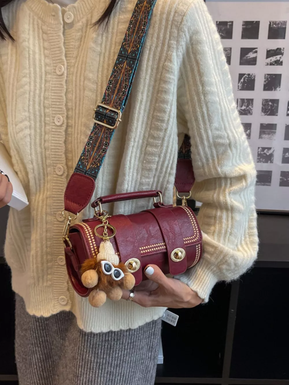 Vintage Barrel Crossbody Bag with Charm, image 3