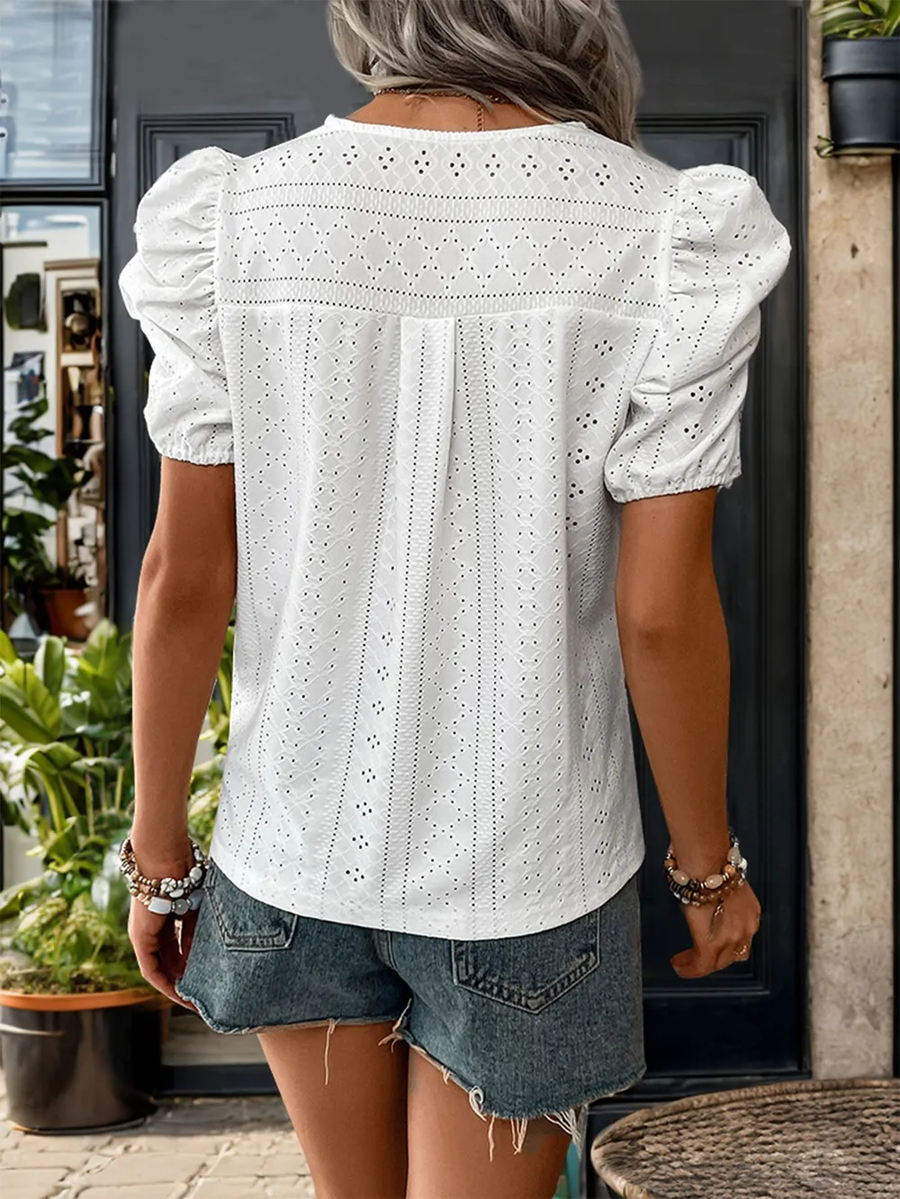 Lace Detail Eyelet V-Neck Short Sleeve Blouse, image 4