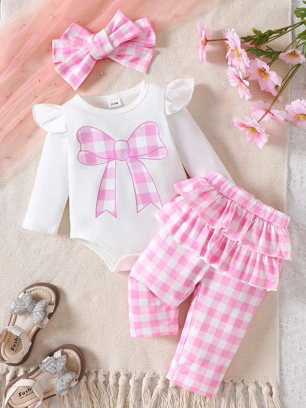Children's Ruffled Bow Graphic Bodysuit and Pants Set with Headband, image 6