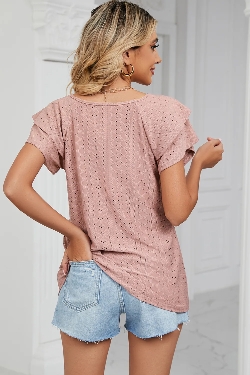 Eyelet V-Neck Short Sleeve T-Shirt, image 21