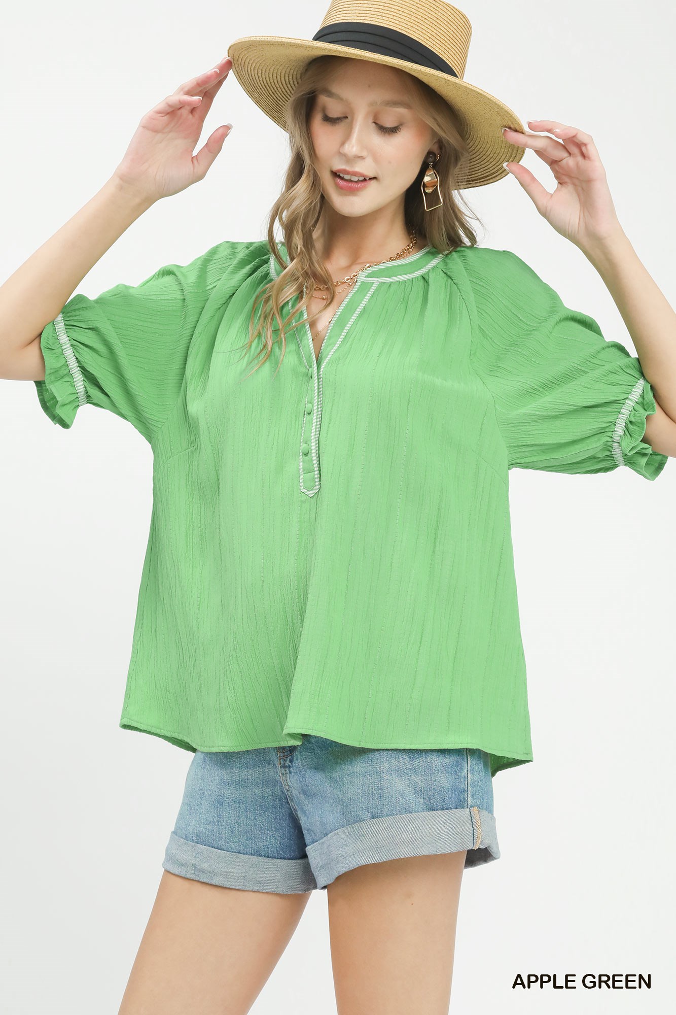Textured Split Neck Puff Sleeve Top, image 3