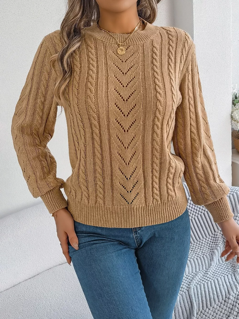 Cable-Knit Round Neck Sweater, image 9
