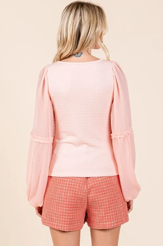 Mixed Media Textured Knit Chiffon Long Sleeve Top, image 2