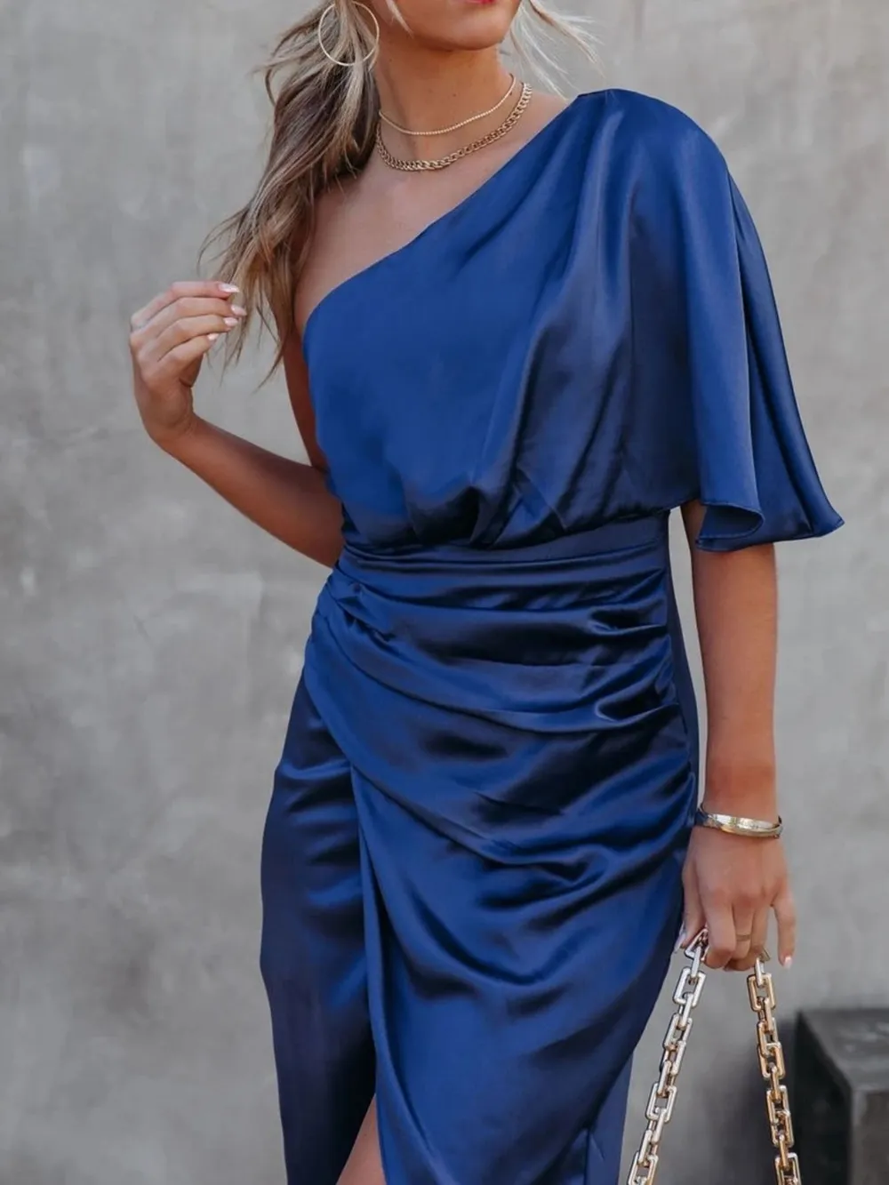 One-Shoulder Satin Wrap Dress with Side Slit, image 12