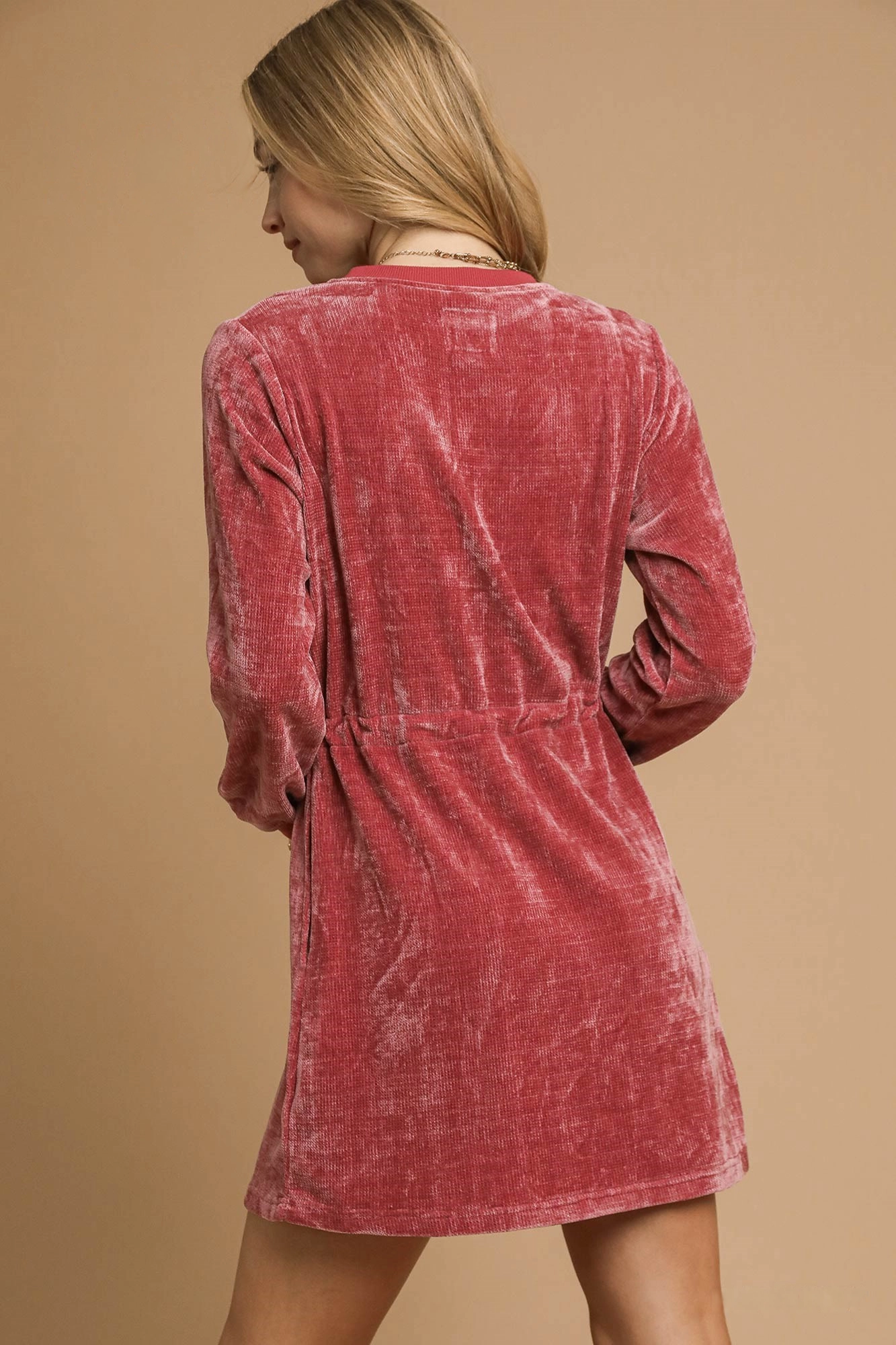 Velour Drawstring Mini Dress with Long Sleeves, image 3