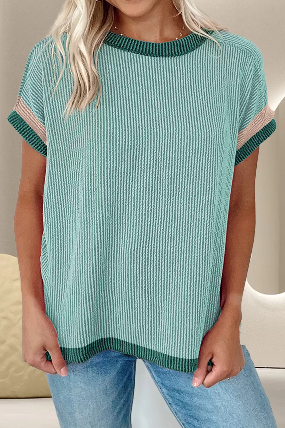 Color Block Round Neck Cap Sleeve T-Shirt, image 7