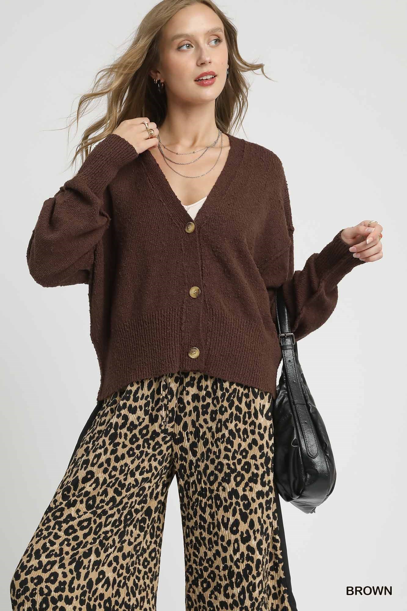 Button-Front V-Neck Knit Cardigan
