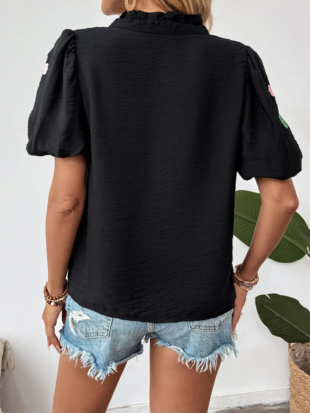 Floral Puff Sleeve Notched Blouse, image 4