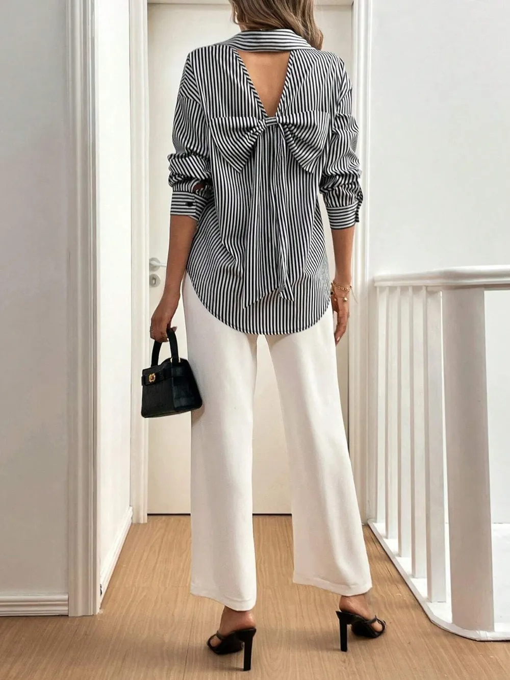 Cutout Bow Back Striped Collared Neck Long Sleeve Shirt, image 6