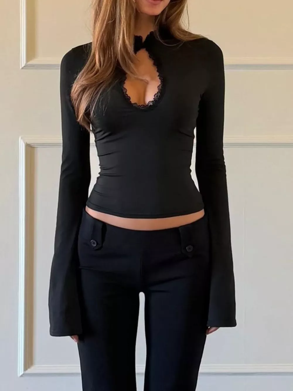 Lace-Trimmed Keyhole Long Sleeve T-Shirt, image 7