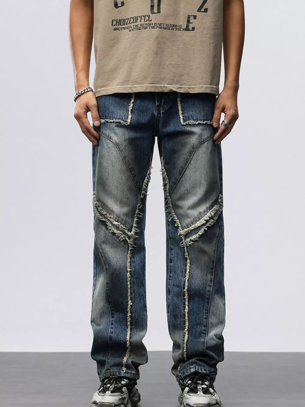 Men's Frayed Hem Wide Leg Jeans, image 2