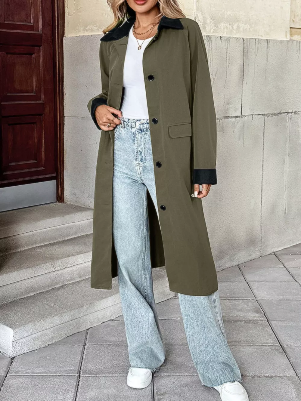 Contrast Collar Button Up Coat, image 2