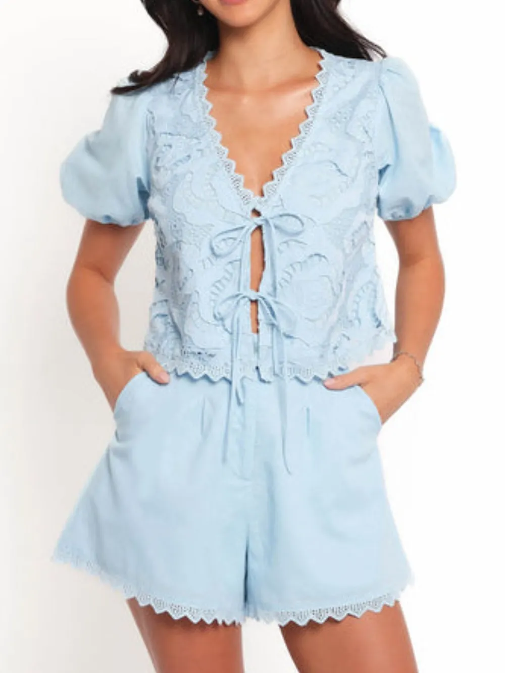 Lace Detail V-Neck Top and Shorts Set, image 2