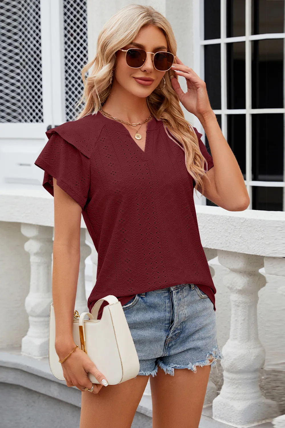 Eyelet Notched Short Sleeve T-Shirt, image 12