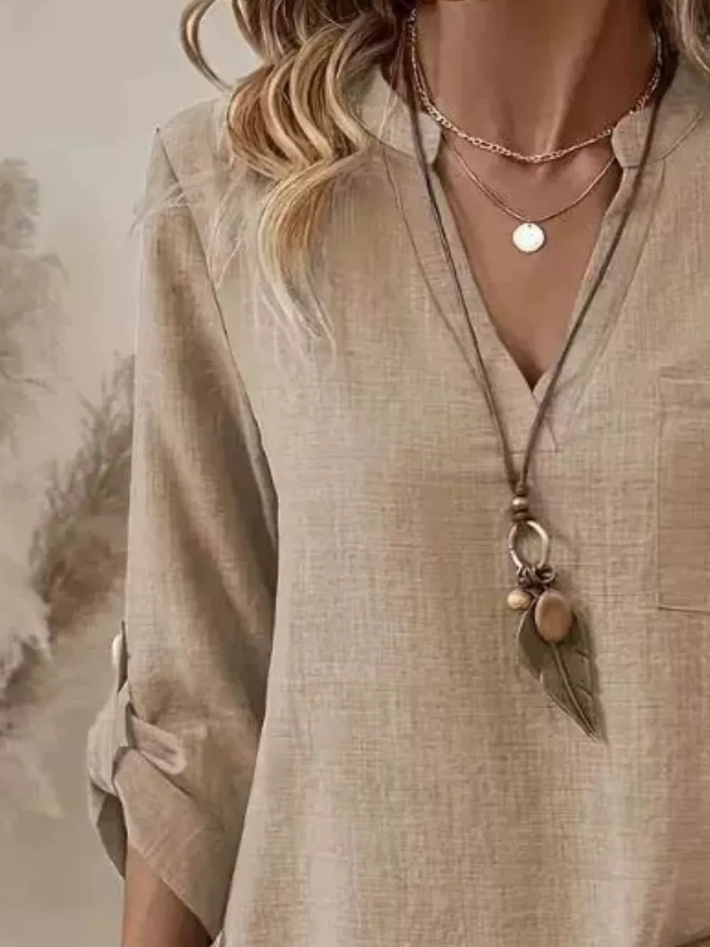 Casual V-Neck Roll-Sleeve T-Shirt with Pocket, image 4